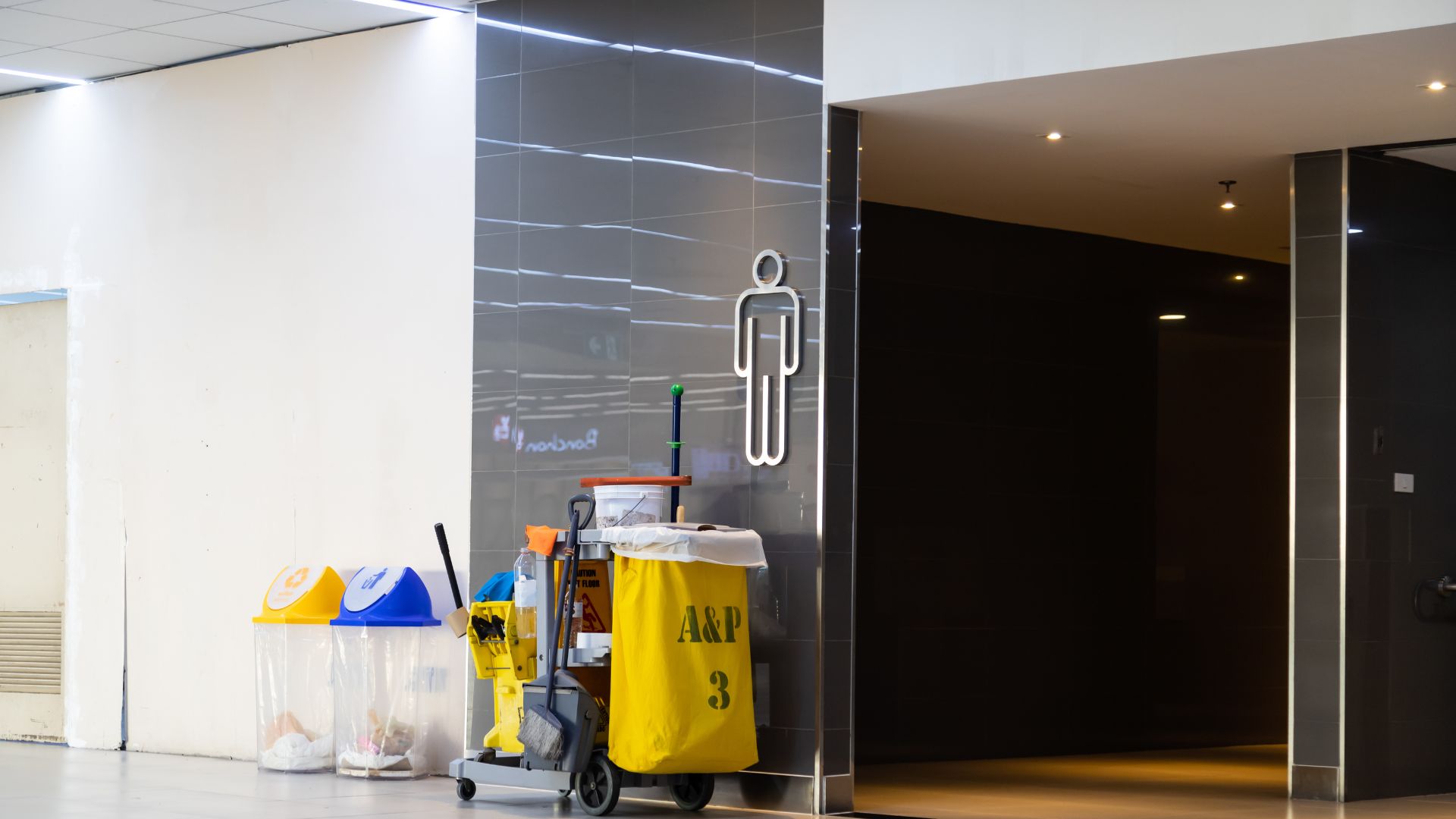 A room with a black door and a yellow cart