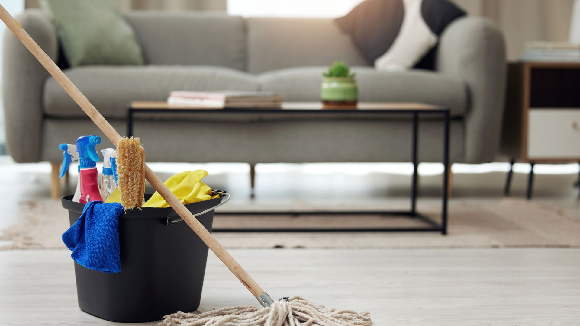 A mop and bucket of cleaning supplies in a living room