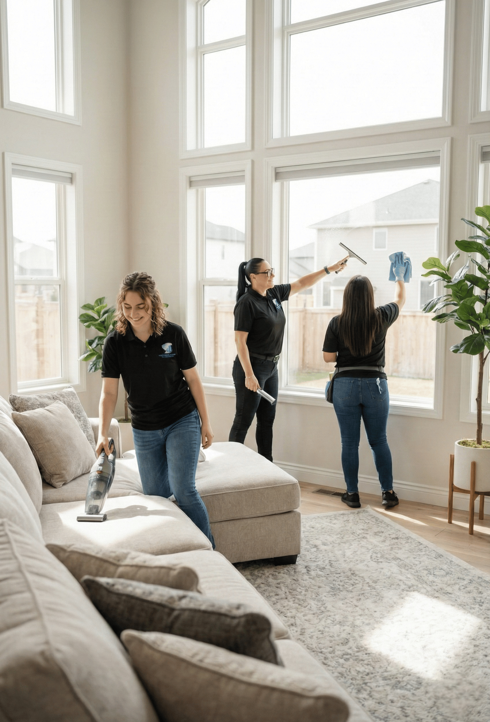 Your Dream Clean workers looking over and cleaning a living room with couches and windows