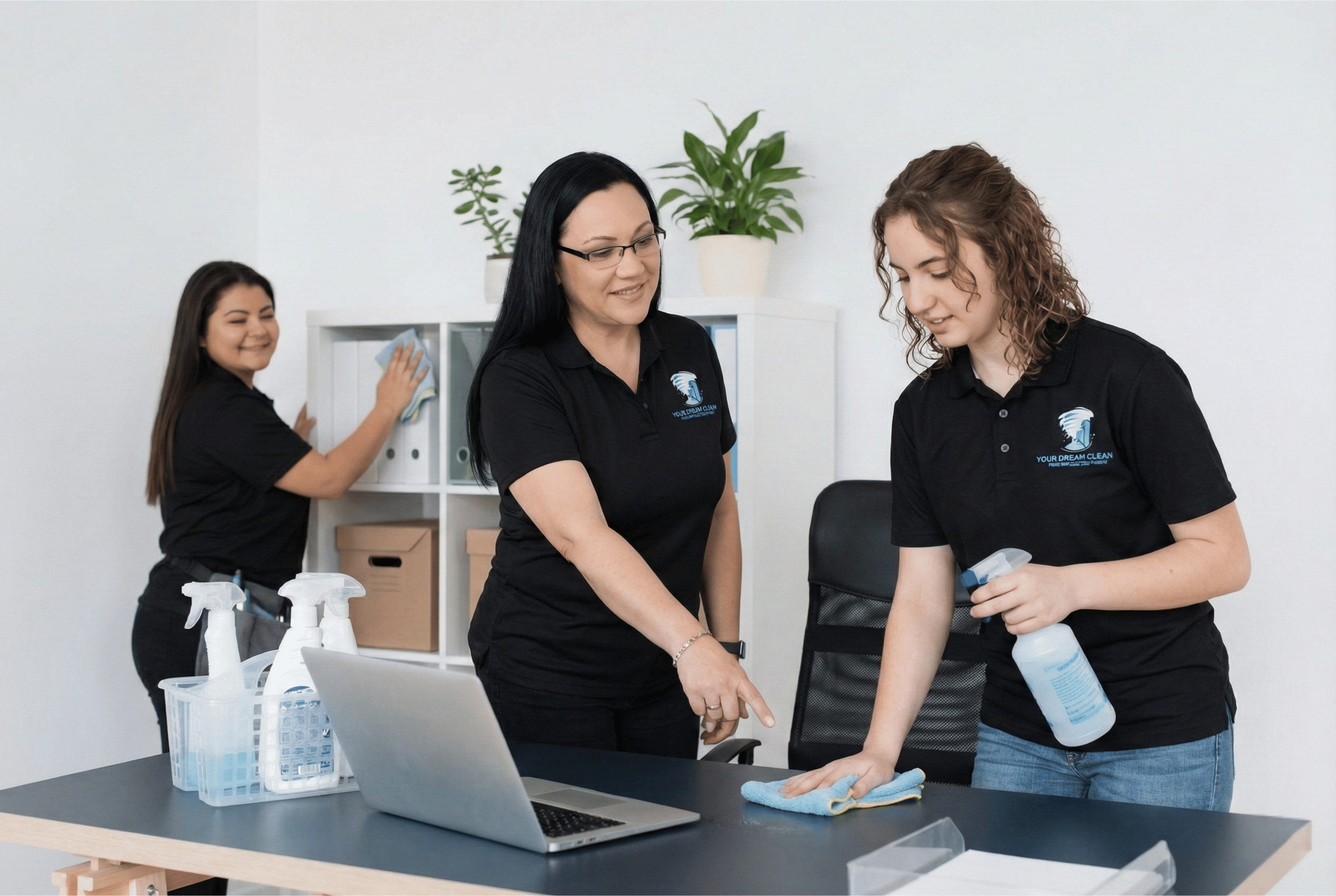 Kimberly and her cleaning crew wiping down an office desk and cleaning an office